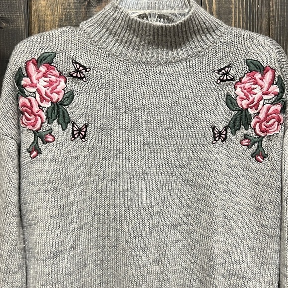 Cloud Chaser Embroidered Floral Sweater S Cropped Grey Mock Y2K 90s Girlhoodcore - Picture 4 of 9
